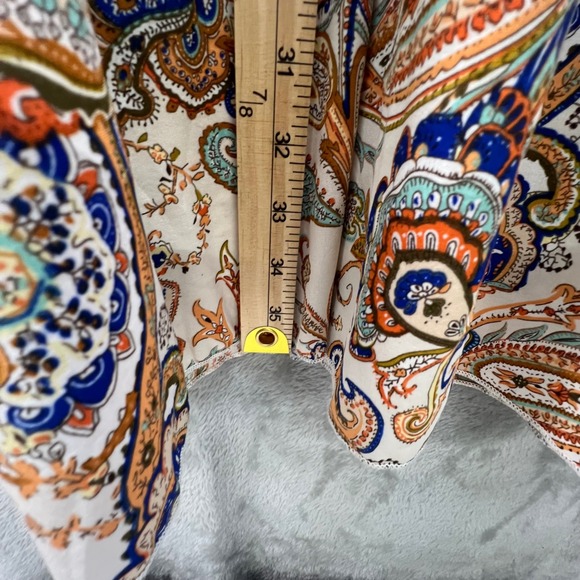 Boho Paisley Mock Neck Mini Dress Long Balloon Sleeve Ruffle Shoulder Babydoll - Picture 6 of 11